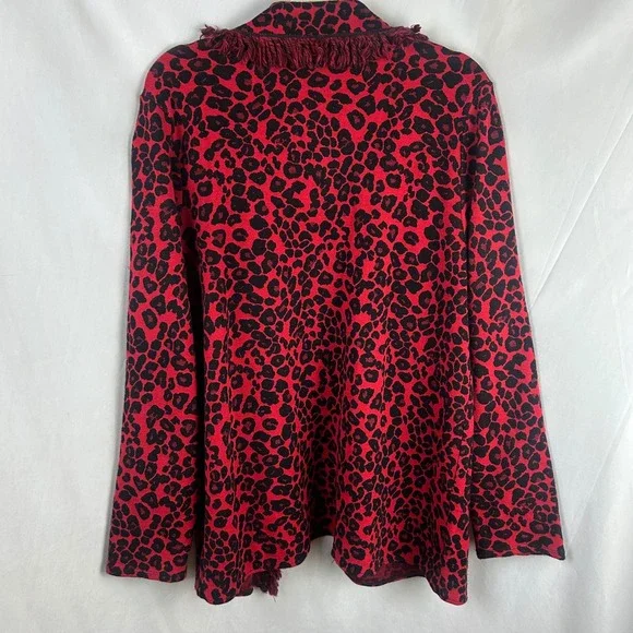 Chico's Red Black Leopard Cheetah Print‎ Fringe Cardigan Sweater Size 3 XL Wool - Picture 5 of 7
